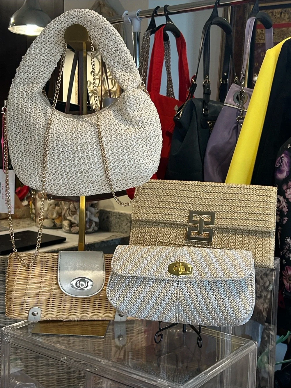 Woven Straw Bundle of 4 Shoulder & Wristlets Cream/Tan Gold/Silver Hardware New